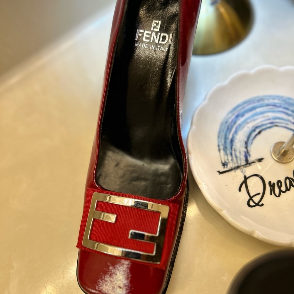 Fendi Red Leather Heels with Logo Accent